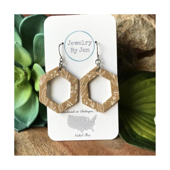 Mustard Floral Cutout Hexagon Earrings Handmade New - Picture 1 of 1